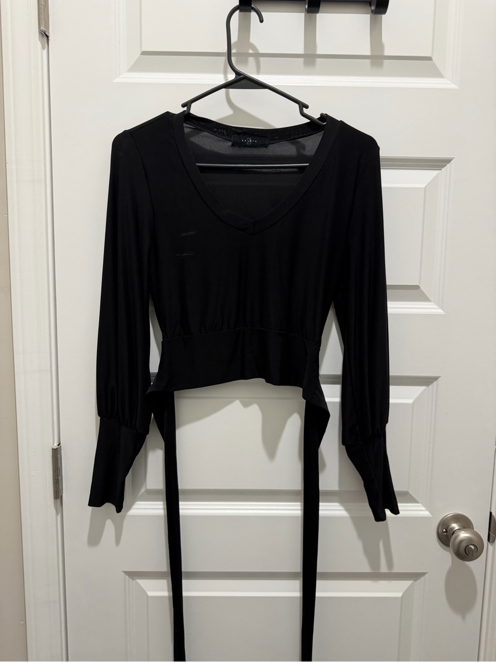 Women's Black V-Neck Long Sleeve Tie-Front Top